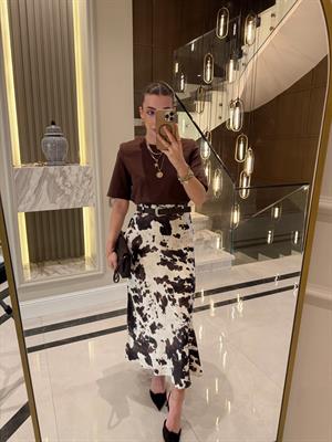 Kemerli Desenli Bej-Kahve Saten Etek -7142