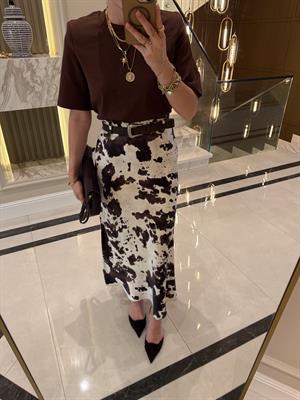 Kemerli Desenli Bej-Kahve Saten Etek -7142