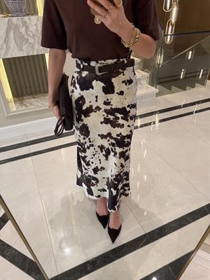 Kemerli Desenli Bej-Kahve Saten Etek -7142