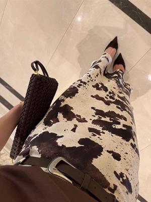 Kemerli Desenli Bej-Kahve Saten Etek -7142