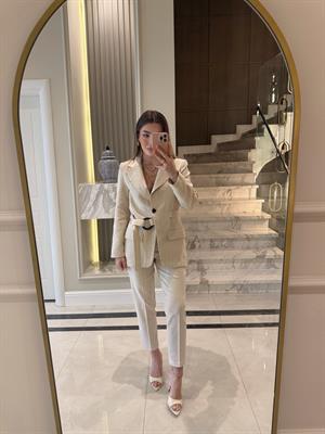 Kemerli Gabardin Keten Kuşaklı Ceket