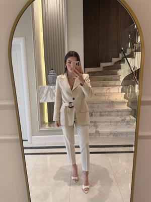 Kemerli Gabardin Keten Kuşaklı Ceket