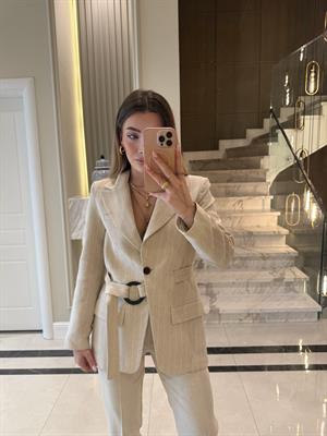 Kemerli Gabardin Keten Kuşaklı Ceket