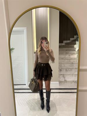 Kahverengi Kemerli  Dantel Detaylı Etek-37199