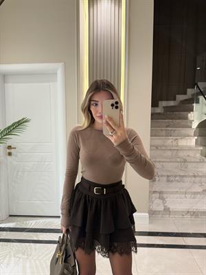 Kahverengi Kemerli  Dantel Detaylı Etek-37199