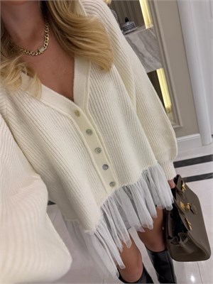 Kemik Tül Garnili Oversize Hırka - 2839 