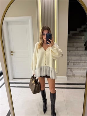Kemik Tül Garnili Oversize Hırka - 2839 