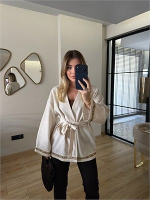 Keten İşlemeli Natural Kimono - 2239