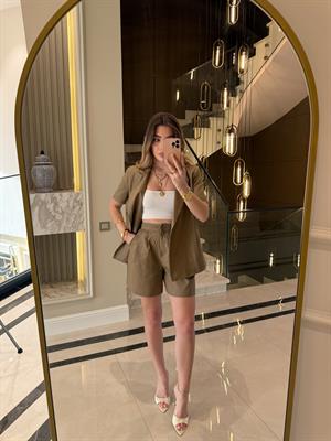 Keten Kısa Kol Blazer Ceket-Takım / Camel