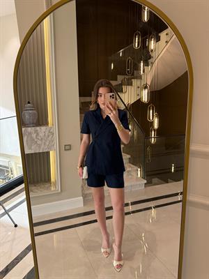 Keten Kısa Kol Blazer Ceket-Takım / Lacivert