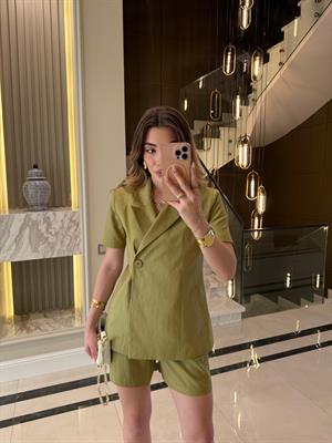 Keten Kısa Kol Blazer Ceket-Takım / Olive
