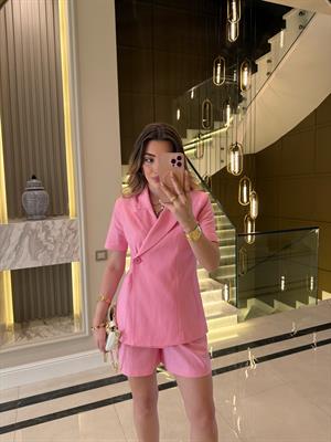 Keten Kısa Kol Blazer Ceket-Takım / Pembe