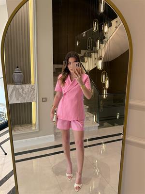 Keten Kısa Kol Blazer Ceket-Takım / Pembe