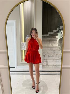 Kırmızı  Altı Volanlı Halter Yakalı Mini Elbise