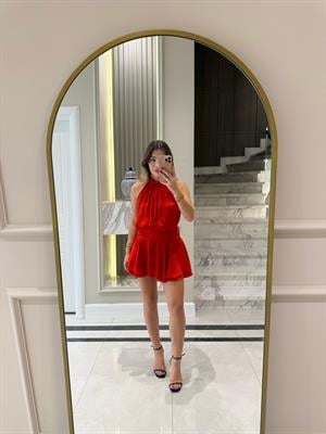 Kırmızı  Altı Volanlı Halter Yakalı Mini Elbise