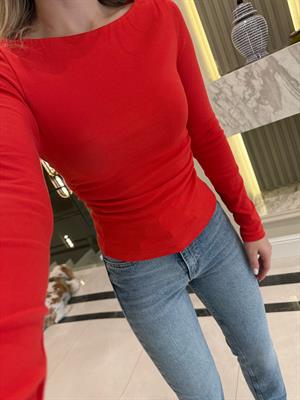 Kırmızı  Büzgülü Kayık Yaka Top-31401