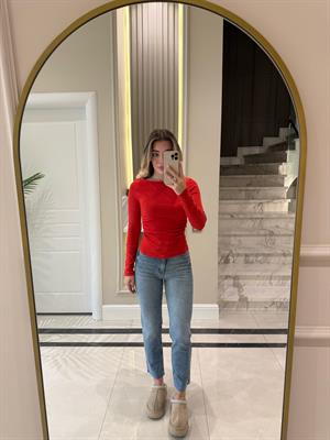 Kırmızı  Büzgülü Kayık Yaka Top-31401