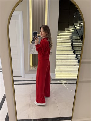 Kırmızı Dik Yaka Fermuarlı Takım - 2091