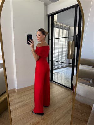 Kırmızı Madonna Yaka Drapeli Modal Takım - 1020