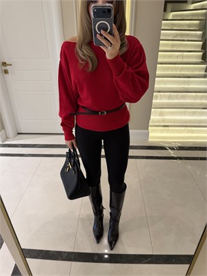 Kırmızı Ruby Omuz Dekolteli Kemerli Kazak - 5325