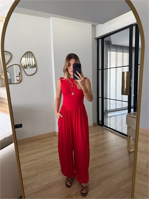 Kırmızı Sıfır Kol Modal Kumaş Tulum - 4144