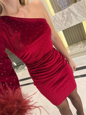 Kırmızı Tek Omuz Otriş Detaylı Mini Elbise