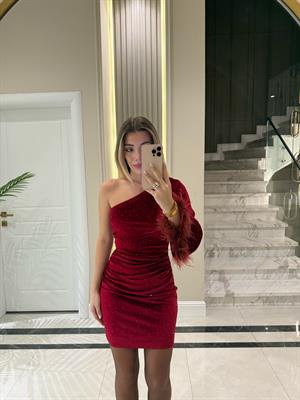 Kırmızı Tek Omuz Otriş Detaylı Mini Elbise