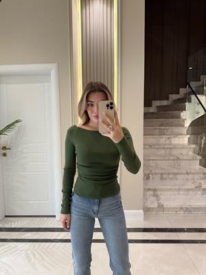 Koyu Haki  Büzgülü Kayık Yaka Top-31401