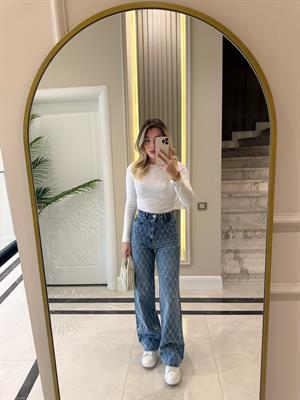Koyu İndigo Baklava Desen Taşlı Wide Leg Jean