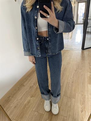 Koyu İndigo Paça Kıvırmalı Denim takım 0191