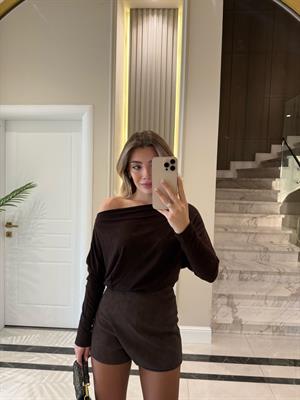 Koyu Kahve Asimetrik Uzun Kollu Top-32312
