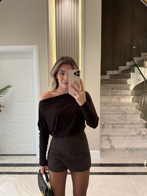Koyu Kahve Asimetrik Uzun Kollu Top-32312