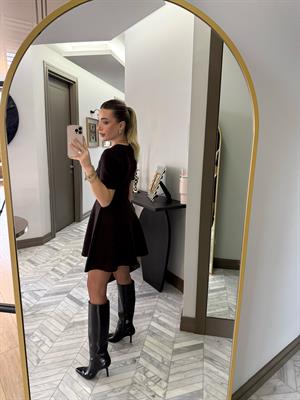 Koyu Kahve Bisiklet Yaka Volanlı Triko Elbise-90258