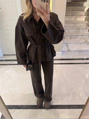 Koyu Kahve Cepli Kuşaklı Denim Takım-