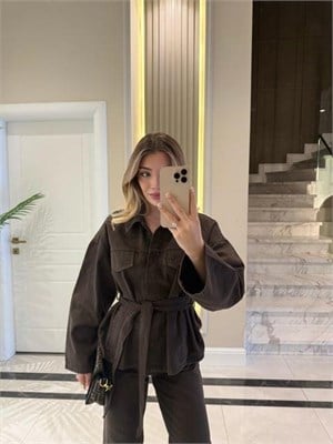 Koyu Kahve Cepli Kuşaklı Denim Takım-