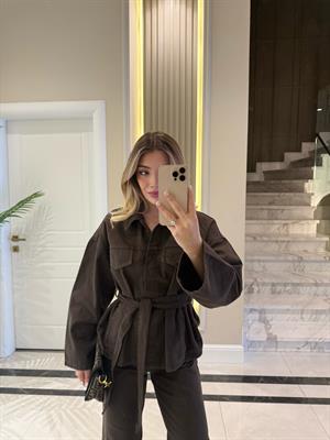 Koyu Kahve Cepli Kuşaklı Denim Takım