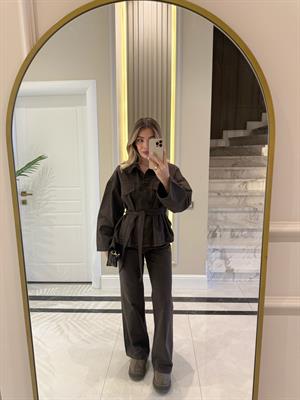 Koyu Kahve Cepli Kuşaklı Denim Takım