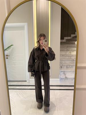 Koyu Kahve Cepli Kuşaklı Denim Takım- 
