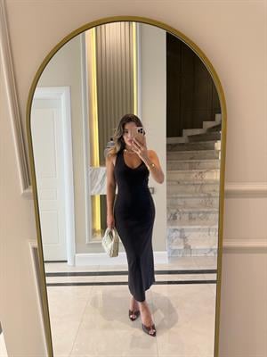 Koyu Kahve Halter Yaka Midi Elbise-91476