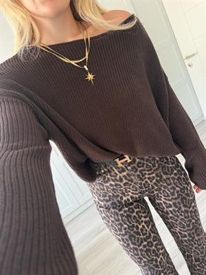 Koyu Kahve Kayık Yaka Basic Triko Kazak- 10804