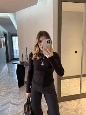 Koyu Kahve Kayık Yaka Uzun Kollu Top 31332