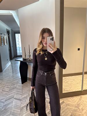 Koyu Kahve Kayık Yaka Uzun Kollu Top 31332