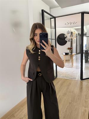 Koyu Kahve Kemerli Yelek Pantolon Takım-9716