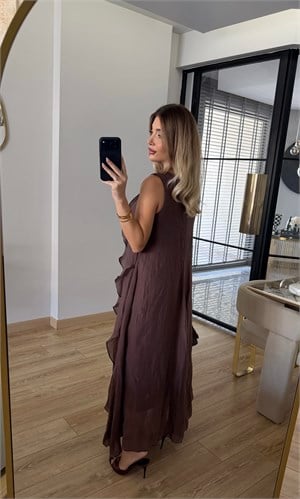 Koyu Kahve Nora Fırfır Detaylı Elbise -3450
