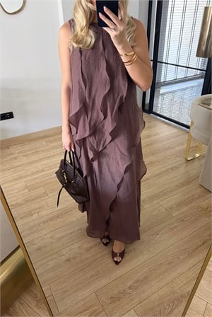 Koyu Kahve Nora Fırfır Detaylı Elbise -3450