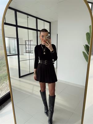 Koyu Kahve  Pilili Çift Kemerli Etek