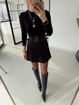 Koyu Kahve  Pilili Çift Kemerli Etek