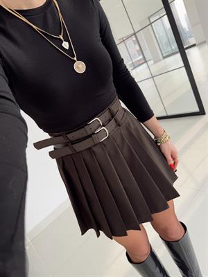 Koyu Kahve  Pilili Çift Kemerli Etek