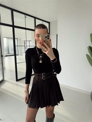 Koyu Kahve  Pilili Çift Kemerli Etek