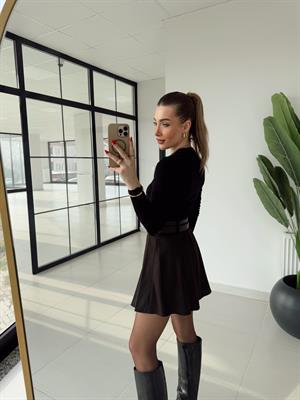 Koyu Kahve  Pilili Çift Kemerli Etek